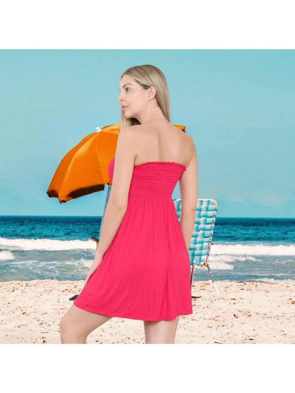 Women's Cerise Sun Strapless Tube Short Beach Summer Dresses Casual Mini Dress